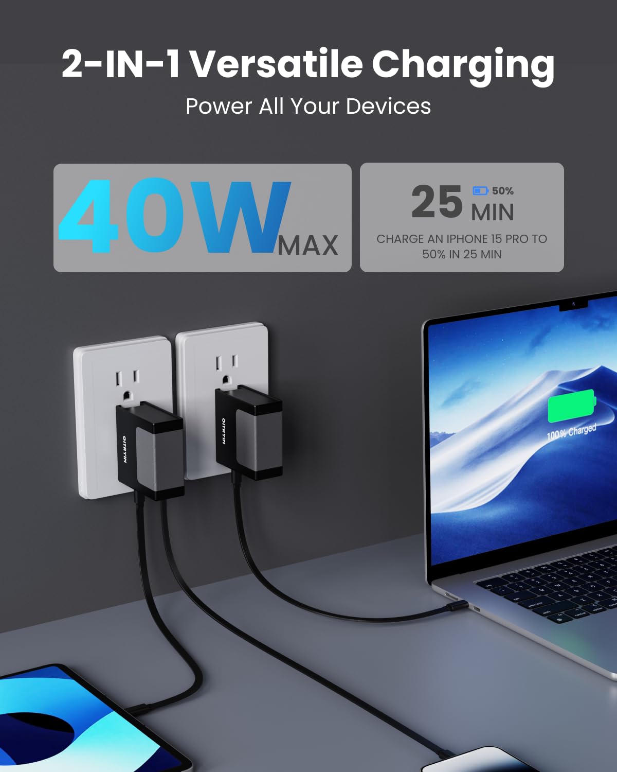 Gitryin 1 Lightning, 3 Type-C Retractable Wall Chargers and 1 Power Strip, 12-in-1 Modular Charging Station