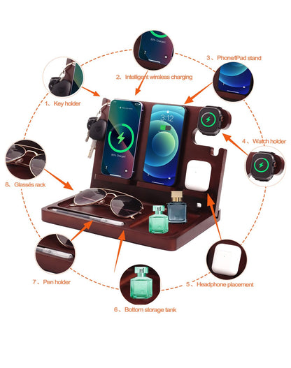 Nightstand Organizer with Dual 15W Phone Wireless Charging Station for 2 iPhone,Apple Watch and Airpods,Bamboo Wood Phone Docking Station,Gifts for Men Dad Husband