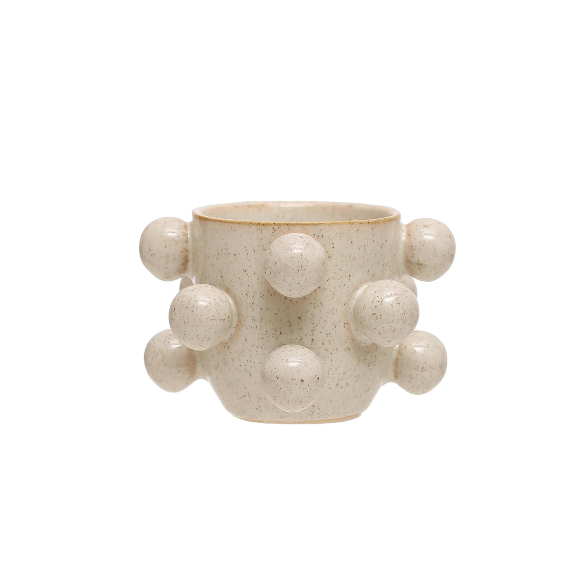 Bloomingville 4.25 Inches Round Stoneware Planter with Orbs and Reactive Glaze, Holds 3 Inches Pot, Speckled Cream
