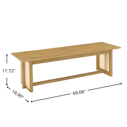Merax Rustic Wooden Rectangular Kitchen Bench with Rattan Accents Legs, Farmhouse 59.06''L Dinning Bench for Living Room, Kitchen, Dining Room,300 lbs Capacity, Natural
