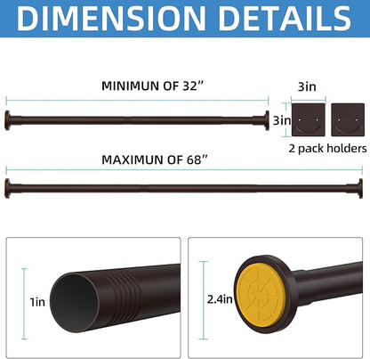 CorkLatta Matte Bronze Shower Curtain Rod,1 Inch Diameter Stainless Steel Adjustable Spring Tension Rods 32 to 68",with Holders,Anti-Slip,Curtain Rods No Drilling(1 Pack)
