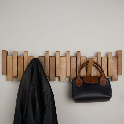 TEXAS BEST GIFT Solid Walnut Piano Key Coat Rack – 10-Hook Wall-Mounted Flip Hook Rack – Minimalist Wooden Hanger for Entryway, Bedroom, Office