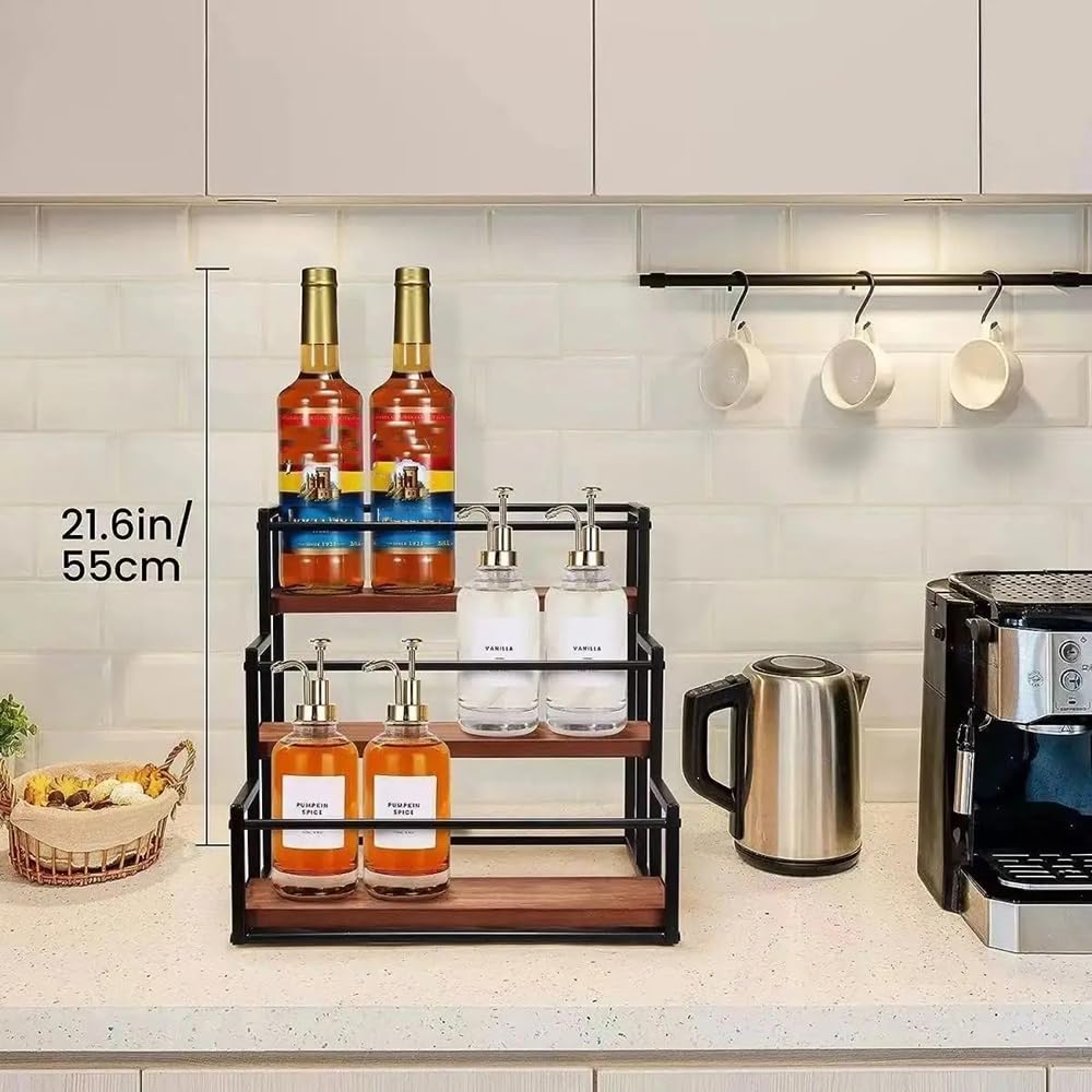 DHUJBFF 3-Tier Wooden Countertop Organizer - Wine Rack & Spice Shelf for Kitchen, Holds 9 Bottles, Space Saver for Coffee Bar, Syrup, Oil, Dining Room Decor