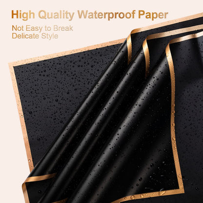 FVSEC 440 Sheet Flower Wrapping Paper Floral Bouquet Paper With Gold Edge Korean Wrapping Paper for Florist Supplies DIY Gift Wedding Anniversary, 23 x 23 Inch (Black)