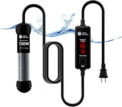 AquaMiracle Upgraded 100W Small Aquarium Heater Fish Tank Heater Turtle Heater Super Mini Aquarium Heater, Dry-Run/Overheating Protection and Memory Function, Dual LED Display, for 10-20 Gal Tanks