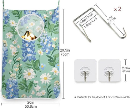 Mint Green Bluebonnet and Daisies Hanging Laundry Hamper Door Hampers Bag Basket