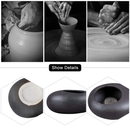 WANDIC Ikebana Flower Arrangement Vase Kit, Black Pebble Ceramic Planter Pot with 4cm Kenzan Flower Frog Pottery Floral Arranging Pin Needle Holder for Floral Art Desk Office Decoration