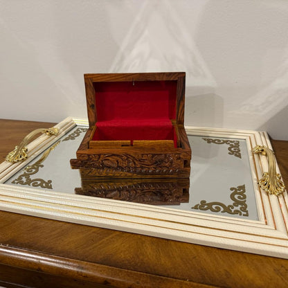 Handcrafted Wooden Jewelry Box – Floral Carvings, Secret Child-Resistant Lock, 7" Tabletop Trinket Holder – Ideal Valentine's Gift for Earrings, Rings, Necklaces, and Keepsakes