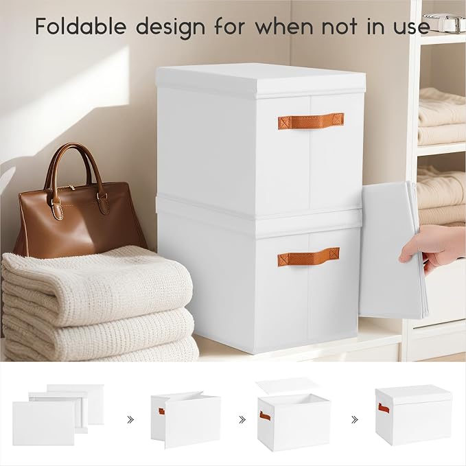 Homsorout Storage Bins with Lids - Large Fabric Closet Bins with Lid, 5 Pack Clothes Organizers and Storage, Collapsible Stackable Cube Basket for Home, Office, Dorm, White