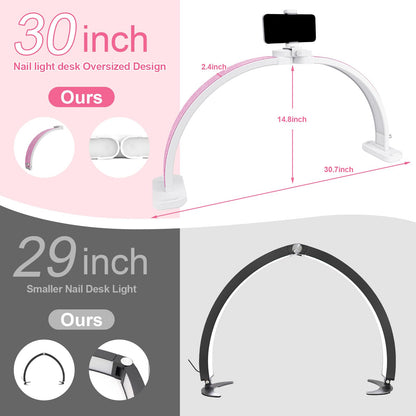 obcd Half Moon Light for Nail Desk 31" Foldable LED Nail Desk Lamp with Phone Holder, Professional Nail Tech Light for Manicure & Beauty Studio
