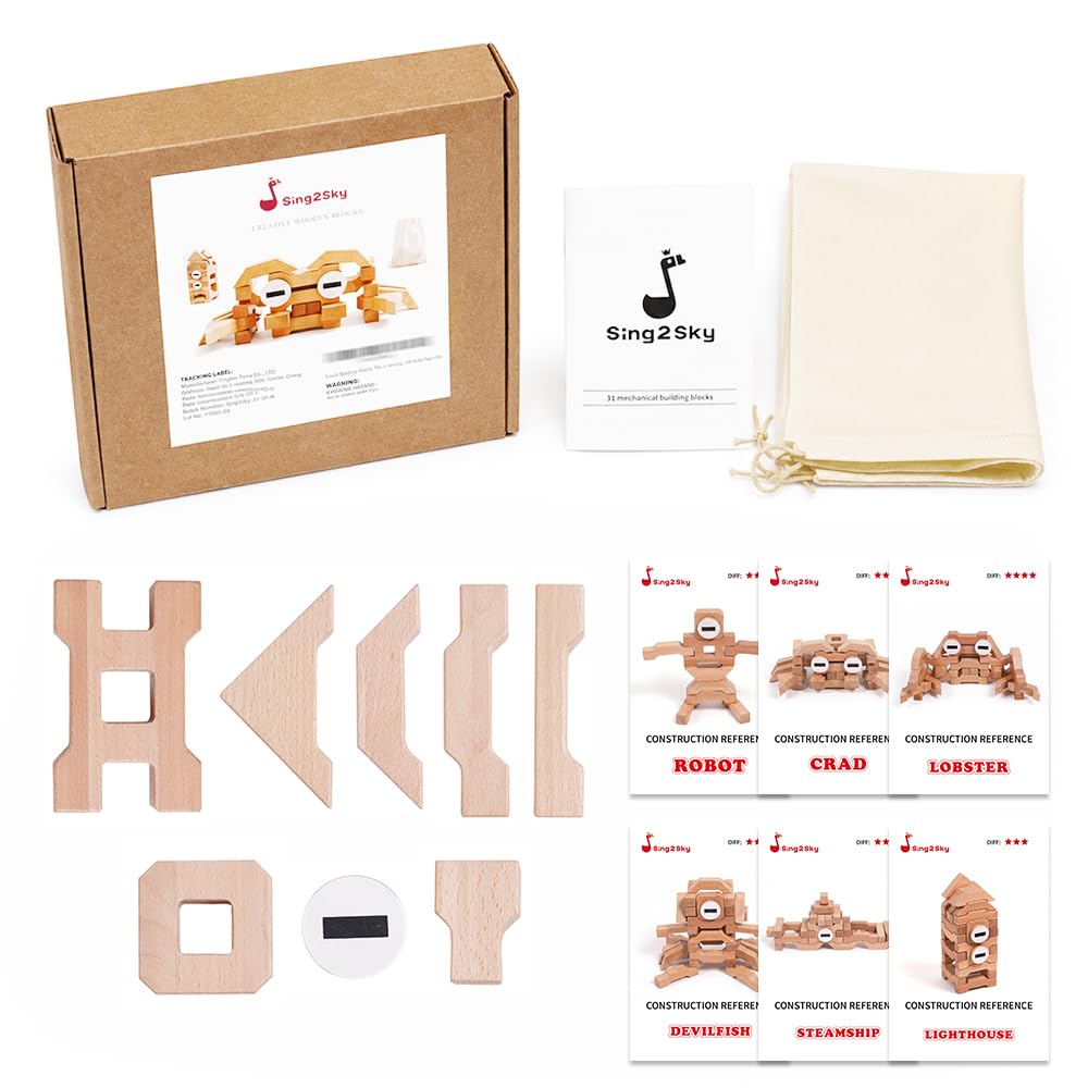 Sing2sky 31 Beech Wood Stacking Building Blocks for Kids Montessori Open-Ended Toys Wooden Shaped Stacking Puzzle, Gift Toy for Toddlers, Compatible with Wooden Blocks, Storage Bag - Natural 4.4IN