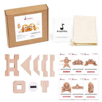 Sing2sky 31 Beech Wood Stacking Building Blocks for Kids Montessori Open-Ended Toys Wooden Shaped Stacking Puzzle, Gift Toy for Toddlers, Compatible with Wooden Blocks, Storage Bag - Natural 4.4IN