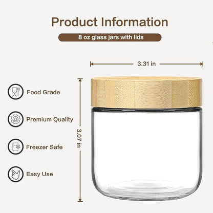 4 Pack 8 Oz Small Clear Glass Mason Jars, Wide Mouth Overnight Oats Jars, Containers with Airtight Lids for Chia Pudding Jam Snack Yogurt Overnight Oats Candy