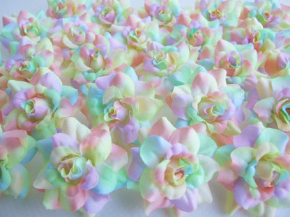 ICRAFY (24) Silk Rainbow Pastel Tones Roses Flower Head - 1.75" - Artificial Flowers Heads Fabric Floral Supplies Wholesale Lot for Wedding Flowers Accessories Make Bridal Hair Clips Headbands Dress