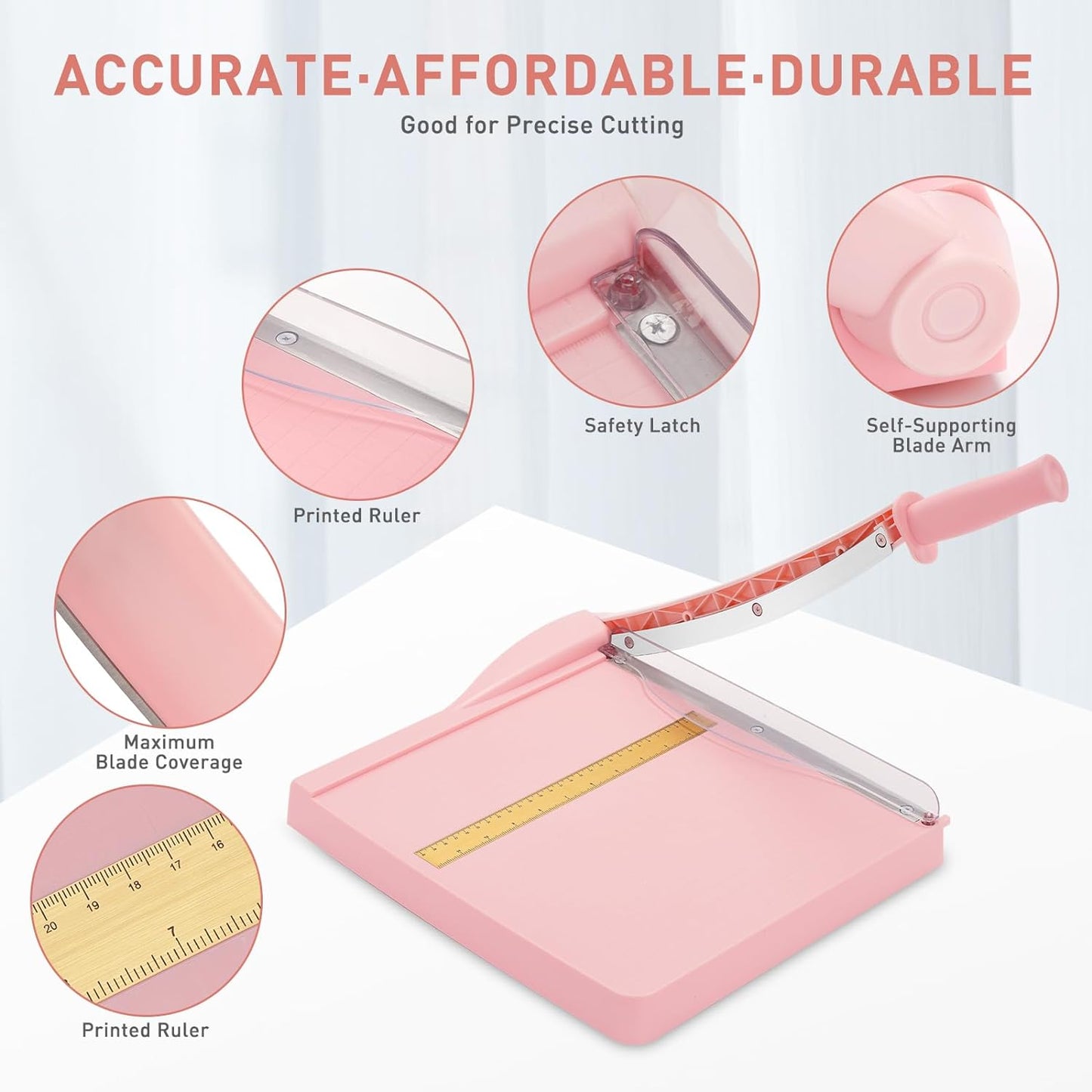 Paper Cutter, Paper Slicer with Safety Guard and Blade Lock, 12" Cut Length Guillotine Paper Cutter with 16 Sheet Capacity, Paper Cutters and Trimmers for Cardstock Cardboard (Pink)