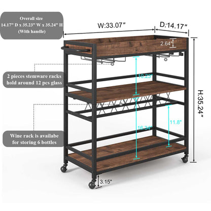 BON AUGURE Bar Cart for The Home, Rolling Home Bar Serving Cart on Wheels, 3 Tier Liquor Beverage Carts with Wine Rack and Glass Holder (Rustic Oak)