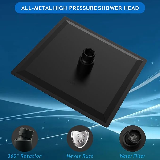 Voolan Rain Shower head, High Pressure Shower Head Made of 304 Stainless Steel, Relaxed Shower Experience Even at Low Water Flow and Pressure (6" Black)