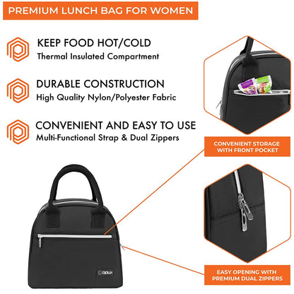 opux Insulated Lunch Box for Women, Reusable Lunch Bag Tote for Work, Girls, School, Soft Cooler Cute Lunchbox Thermal Meal Prep Organizer, Black