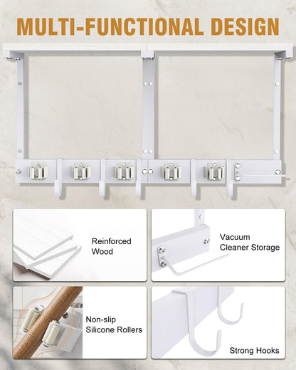 Broom Holder Wall Mount with Top Wooden Shelf, Heavy Duty Metal Cleaning Supplies Broom Hanger with Vacuum Organizer and 5 Slots & 5 Hooks for Laundry Garage Tool Storage Kitchen (Large, White)
