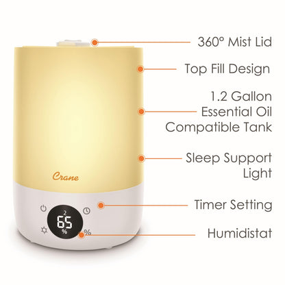 Crane Ultra-Quiet 3-in-1 Humidifier, Essential Oil Aroma Diffuser & Soothing Sleep Light - Compact 1.2 Gallon Capacity with Adjustable Night Light & Fragrance Tray - Ideal for Bedroom and Office