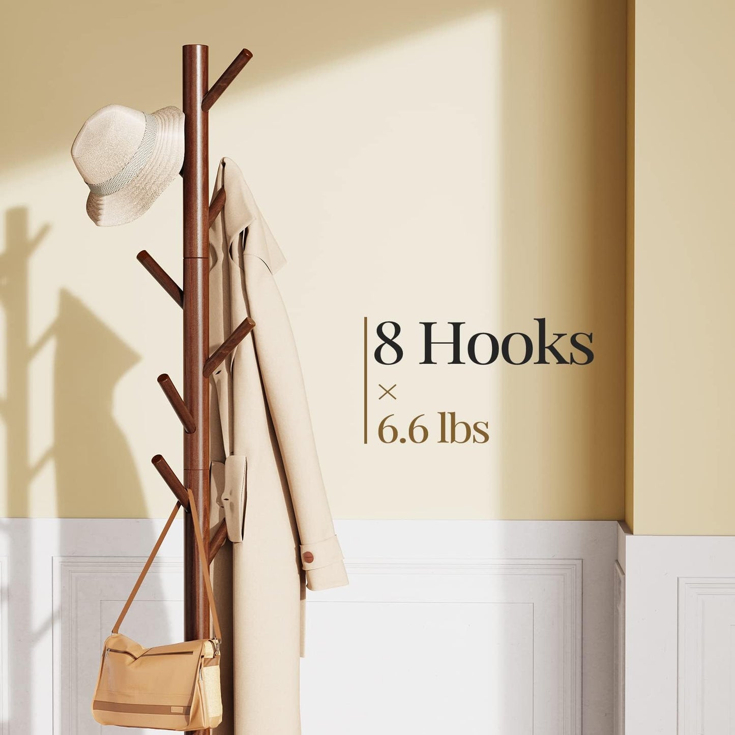 Pipishell Solid Wooden Coat Rack Freestanding, Hall Tree with 8 Hooks, 3 Height Options for Coats, Hats, Handbags, and Scarves, Tool-Free Assembly, Space Saving Design for Entryway, Office, Bedroom