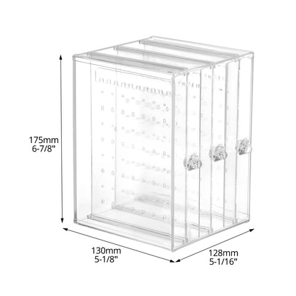 QWORK Clear Acrylic Jewelry Storage Box - Earring Display Stand Holder with 3 Vertical Slide-Out Drawers, 216 Earring Holes & 36 Necklace Grooves