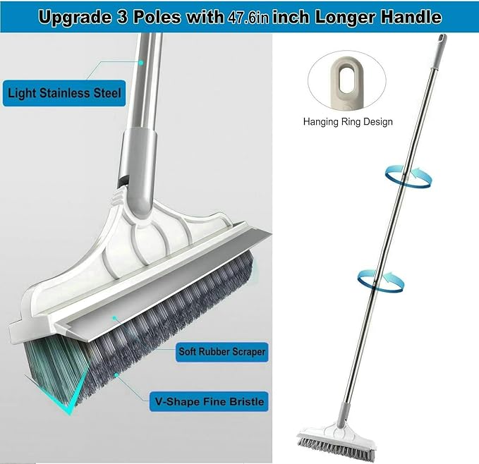 2 in 1 Cleaning Scrub Brush Grout Brush Scrapee 3 Poles 47.6'' Floor Scrub Brush