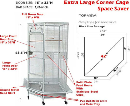 64" Extra Large Corner Bird Flight Breeding Wrought Iron Rolling Parrot Cage Side Solid Metal Plate Feed Doors Pull Out Removable Grate and Tray with Around Metal Seed Guard