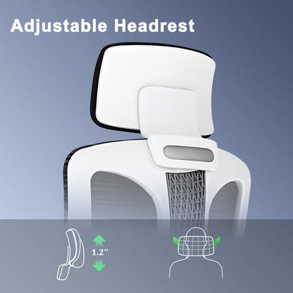 Logicfox Ergonomic Mesh Office Chair, Computer Desk Chair with 3D Armrests, Adjustable Lumbar Cushion and Adjustable Headrest, White High Back Home Office Chair with Tilt Function, Computer Chair