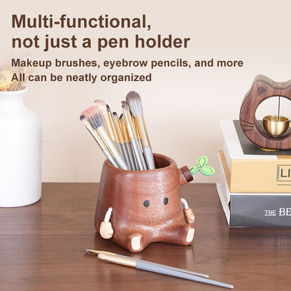 Stump Pen Holder – Cute Wooden Desk Organizer, Fairy Tale Tree Stump Pencil Cup for Stationery, Makeup Brushes, Dried Flowers, Solid Wood Desktop Decor Gift