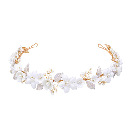 Oriamour Wedding Headbands With Ceramic Flowers Bridal Wedding Headpieces For Women Girls Pearls Headband With Leaves Desgin (Gold)