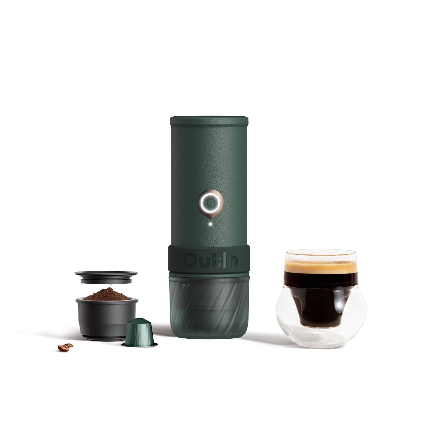 OutIn Mino Portable Electric Espresso Machine, Mini Camping Coffee Maker for Travel, Pocket Sized Coffee Machine Self-Heating, Ground Coffee & NS Capsule Adapter For Adventure
