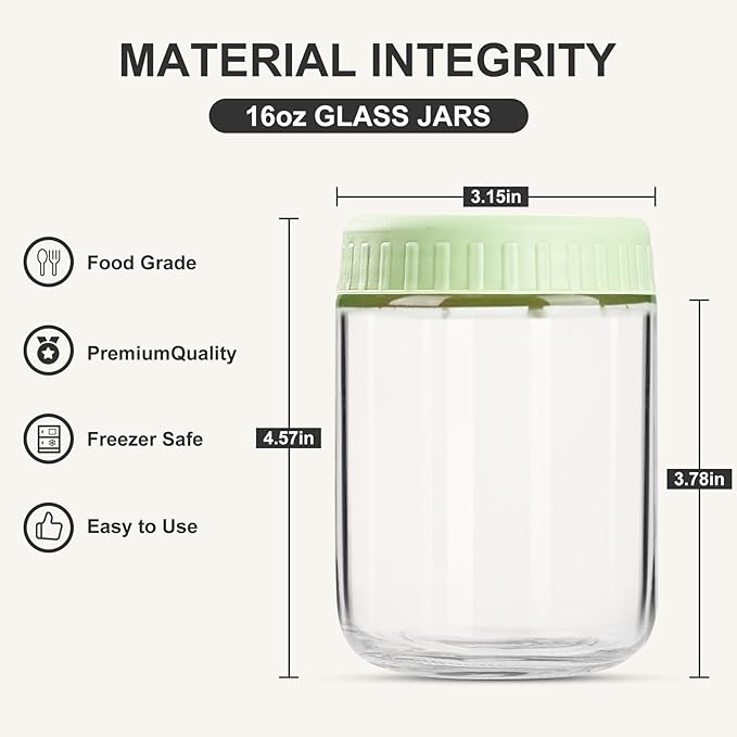 SHOWIN Overnight Oats Containers with Lids, 16oz Glass Jars with Lids 2 pcs, Light Green, Wide Mouth Mason jars for Salad, Yogurt, Snacks, Meal Prep