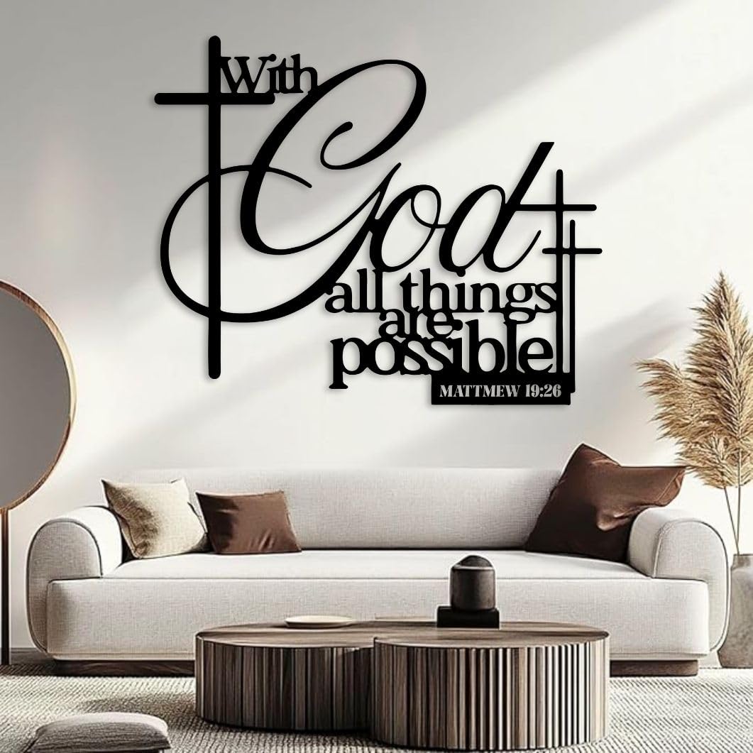 Maclou With God All Things Are Possible Wall Decor, Metal Scripture Wall Art, Metal Bible Verse Wall Art for Living Room, Bedroom, Church (Gold,47"x39" / 120x99cm)