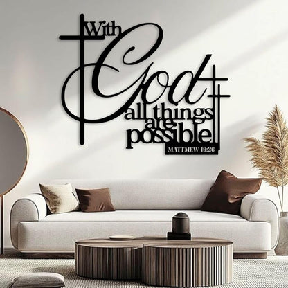 Maclou With God All Things Are Possible Wall Decor, Metal Scripture Wall Art, Metal Bible Verse Wall Art for Living Room, Bedroom, Church (Gold,47"x39" / 120x99cm)