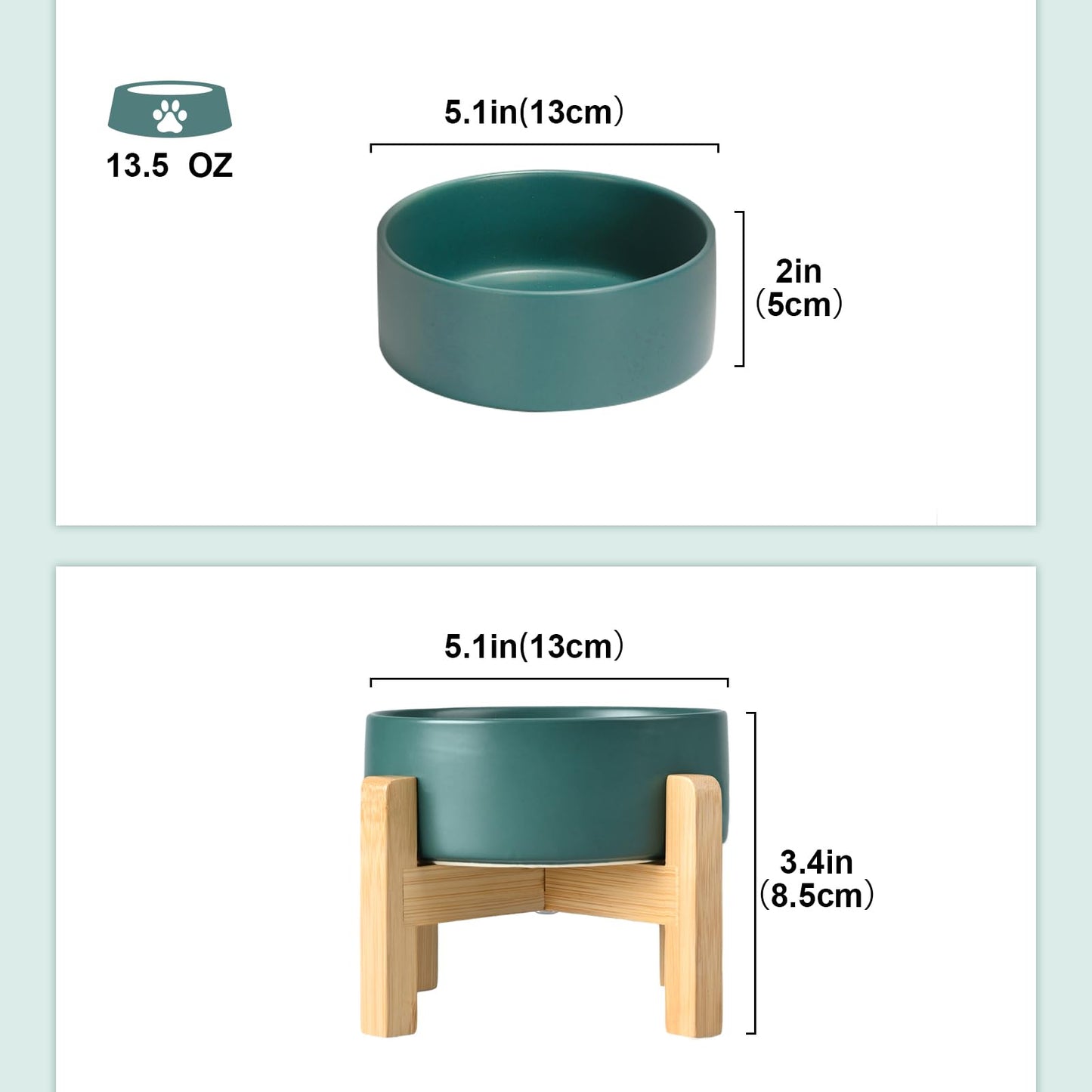 SPUNKYJUNKY Ceramic Elevated Dog Bowls 2 Pack - 5.1inch Raised Dog Bowls with Non-Slip Wooden Stand for Small Dogs Dishwasher Safe(Green,13.5OZ*2)