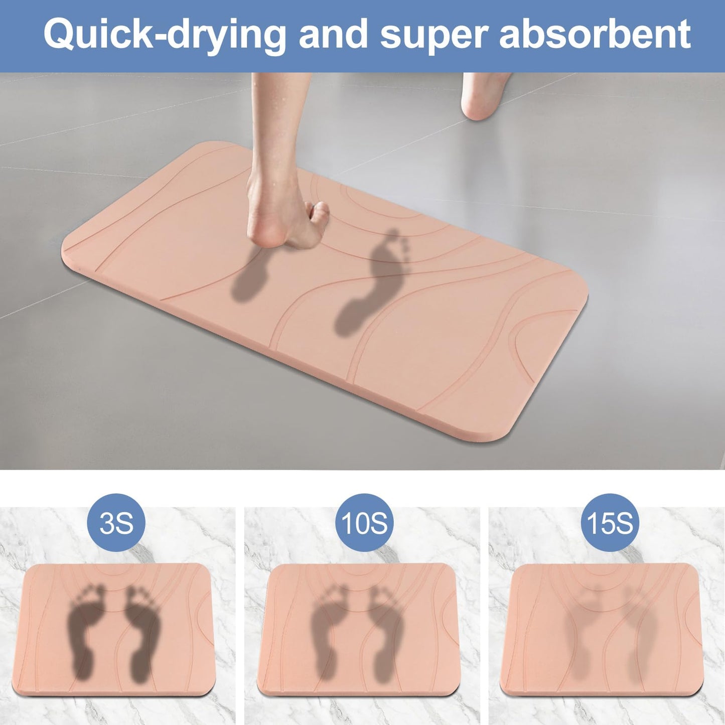 HUMIGA Stone Bath Mat, 2 Pack Diatomaceous Earth Shower Mat, Non-Slip Super Absorbent Quick Drying Bathroom Floor Mat, 24x15, Pink
