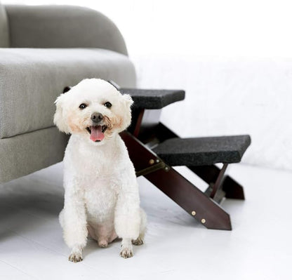 MEWANG Wooden Pet Stairs/Pet Steps - 2-in-1 Foldable Stairs & Ramp for Beds and Cars - Portable Dog/Cat Ladder Up to 220 Pounds - Great for Small and Older Animals(Brown) (17.3" L x 17.24" W x 13" H)