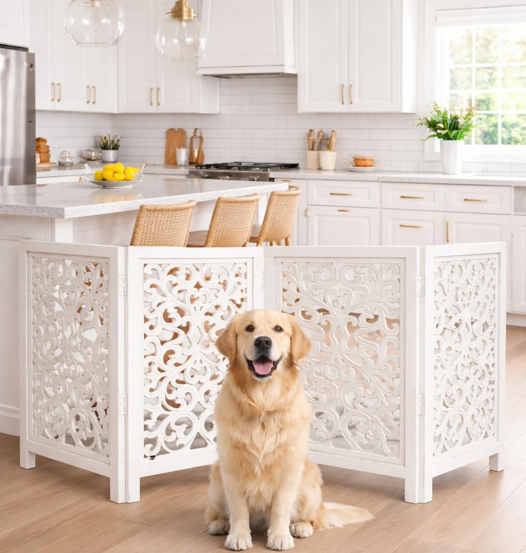 Free Standing Dog Gate – 4 Panel Foldable Wooden pet gate Indoor 72" W x 24" H, Hand-Carved Solid Wood & MDF, Portable Indoor Gate for Doorways, Halls, Stairs – Fully Assembled, Antique White