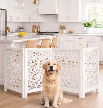 Free Standing Dog Gate – 4 Panel Foldable Wooden pet gate Indoor 72" W x 24" H, Hand-Carved Solid Wood & MDF, Portable Indoor Gate for Doorways, Halls, Stairs – Fully Assembled, Antique White