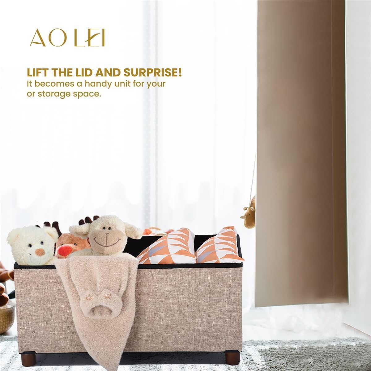 Ao Lei 30 Inches Storage Ottoman Bench, Storage Bench with Wooden Legs for Living Room Ottoman Foot Rest Removeable Lid for Bedroom End of Bed, Linen Fabric, Folding Beige Ottoman