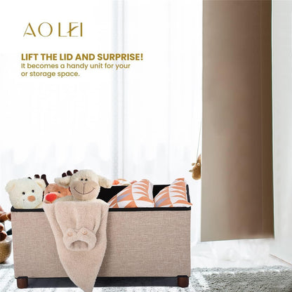 Ao Lei 30 Inches Storage Ottoman Bench, Storage Bench with Wooden Legs for Living Room Ottoman Foot Rest Removeable Lid for Bedroom End of Bed, Linen Fabric, Folding Beige Ottoman