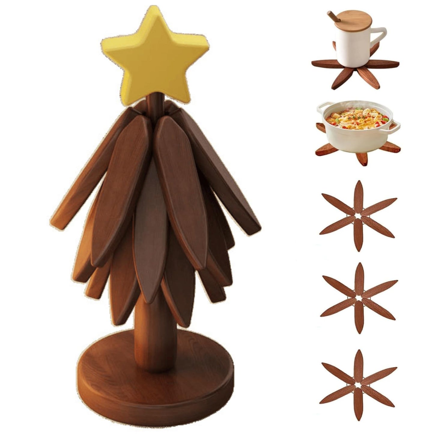 Trivets for Hot Dishes, Upgraded Foldable Wooden Coaster Set Walnut Wood Christmas Tree Trivet Stand Home Decoration for Hot Pots Bowl and Pan (4 Trivets)