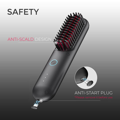 TYMO Porta Cordless Hair Straightener Brush, Portable Mini Straightening Brush for Travel, Negative Ion Hot Comb Hair Straightener for Women, Lightweight to Carry Out, USB Rechargeable, Black