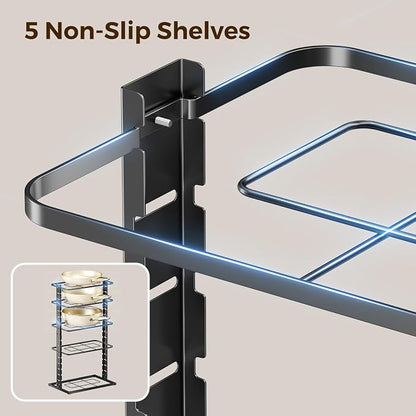 LAMU Pots and Pans Organizer Under Cabinet, 5 -Tier Dual-Pillar Design | Adjustable All-Metal Rack Stores Pots, Pans And Lids in Cabinets, on Countertops or Under Sinks, Holding Up to 55 Lb Black