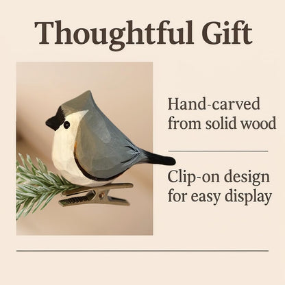 WOODEN ISLANDS Hand-Carved Wooden Bird Clip – Gray Tufted Titmouse Figurine, Handmade Ornament, Gift Boxed for Bird Lovers, Home Decor, Especially for You