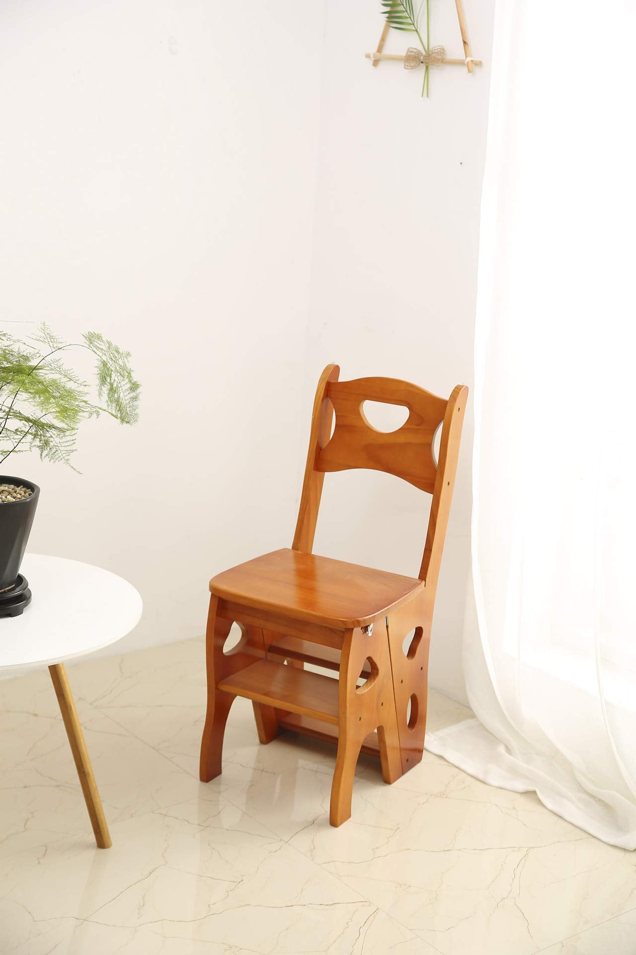 Wooden Folding Library Ladder Chair,2 in 1 Lightweight Portable Multifunctional Step Stool, 4-Step Stool Dual Purpose Stepladders, Display Stand and Flower Stand for Home(Light Walnut)