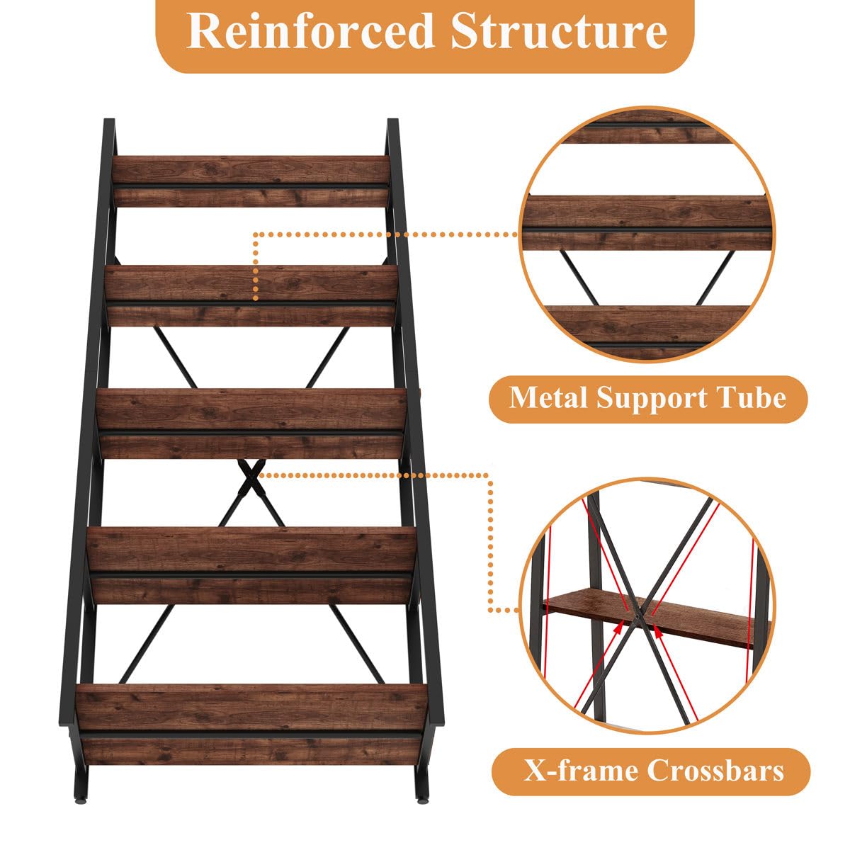 BON AUGURE Ladder Shelf Bookcase, 5-Tier Industrial Ladder Bookshelf, Tall Living Room Shelves, Wood and Metal Leaning Shelf for Home Office, Kitchen, Bedroom, Balcony (Rustic Oak)