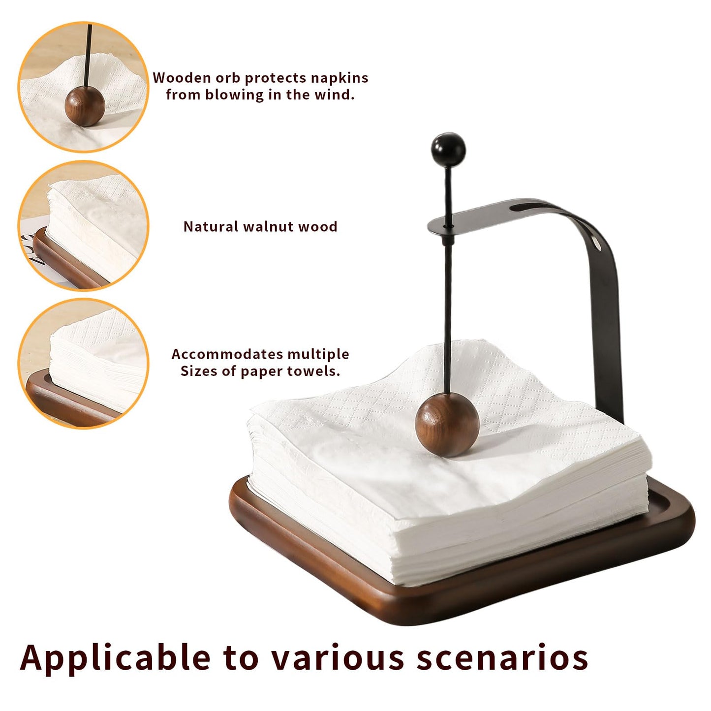 Napkin Holder with Wooden Base and Black Metal Frame, Modern Style for Dining Table (square)