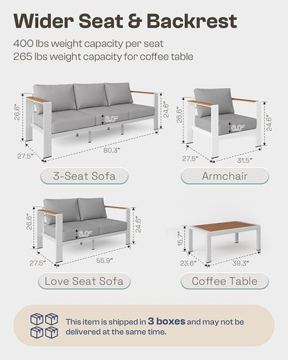 Aluminum Outdoor Patio Furniture Armchair, All-Weather Outdoor Patio Sofa with Washable Thick Cushion, Patio Sofa Couch Set of 2 for Porch, Balcony, Deck, Yard, White